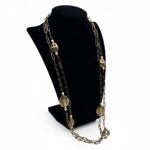 Vintage 80s Gold Tone Layered Chain Necklace Pearl Stations 29" Long